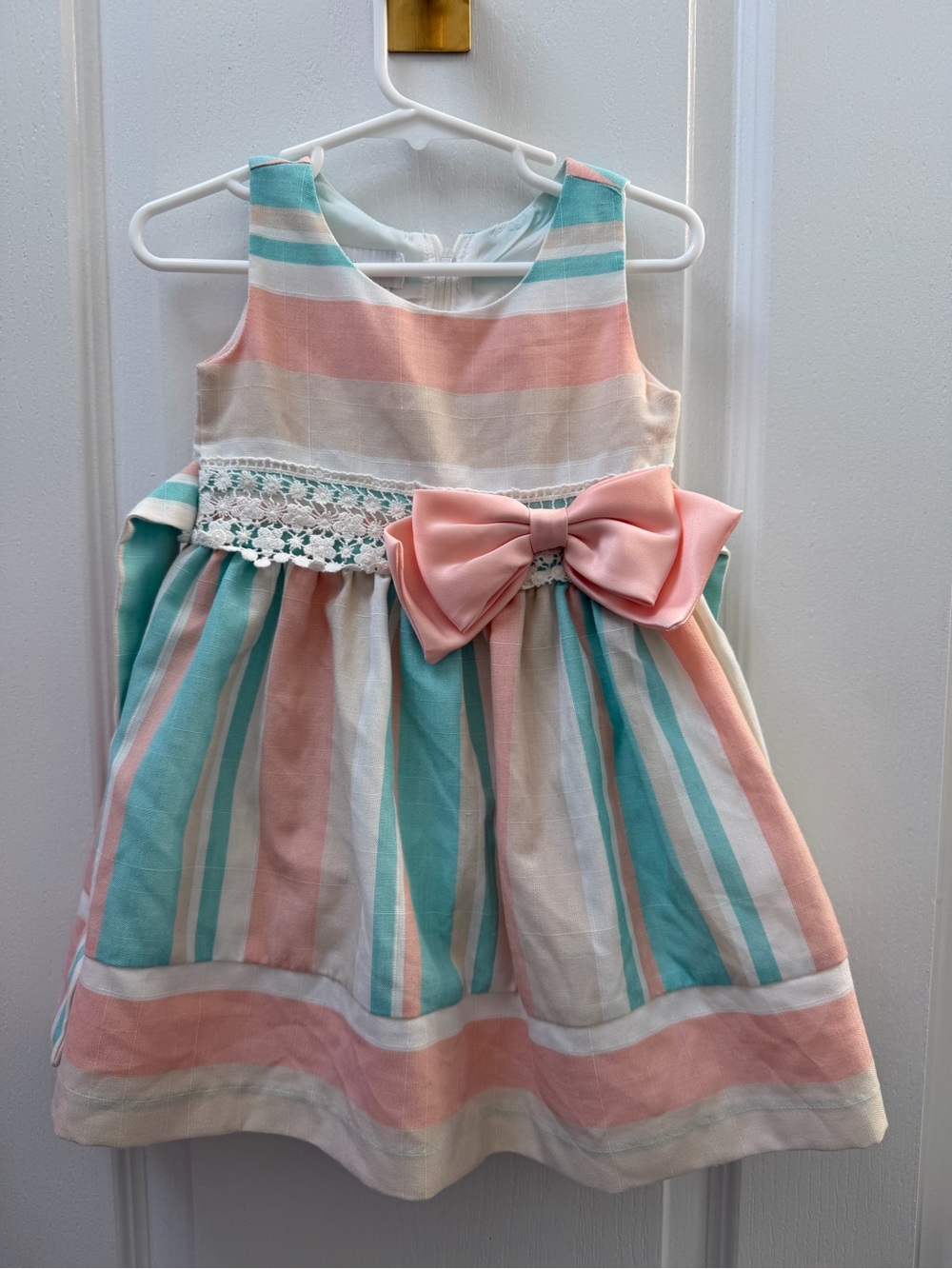 Bonnie Jean Pastel Stripe Lace Waist Dress with Pink Bow